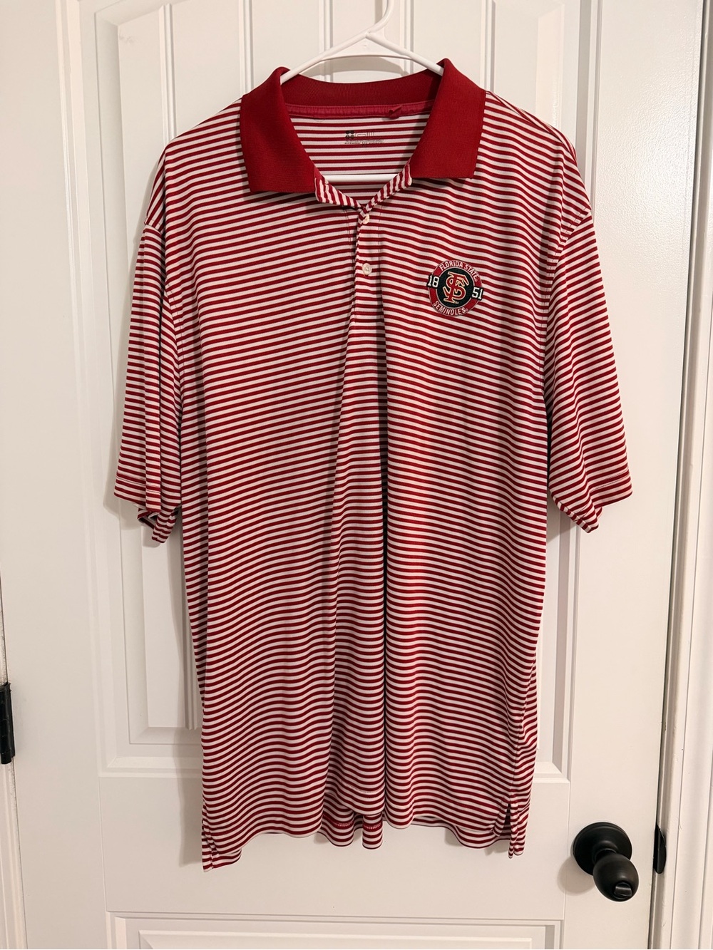 Men's Red Striped Polo Shirt with Chest Emblem